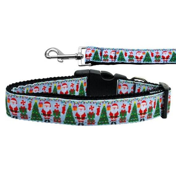 Aqua Santa Nylon Ribbon Dog Collars & Leashes - Christmas