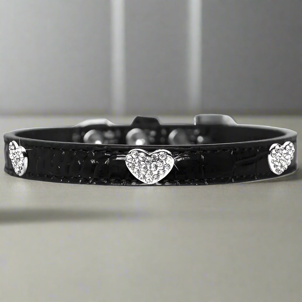 Faux Croc Crystal Heart Dog Collar - Dog Collars - Designer