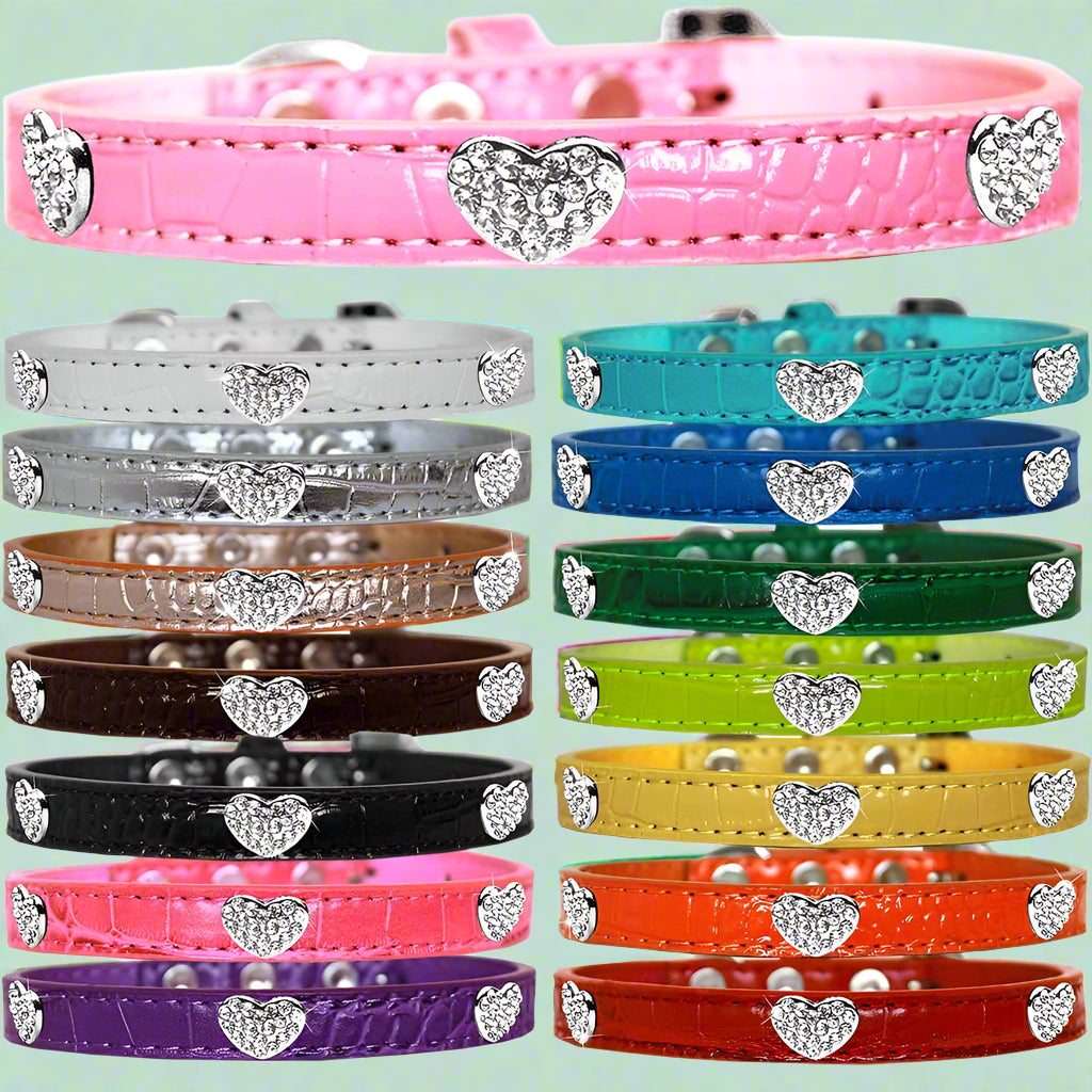 Faux Croc Crystal Heart Dog Collar - Dog Collars - Designer