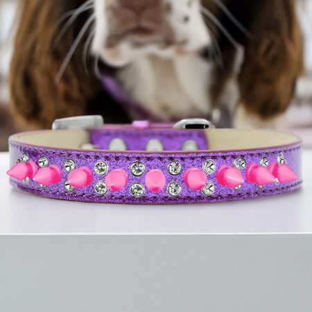 Double Crystal and Bright Pink Spikes Ice Cream Dog Collar