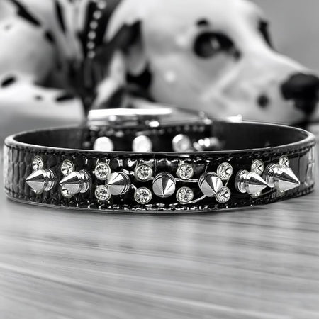 Double Crystal and Spike Croc Dog Collar - Dog Collars