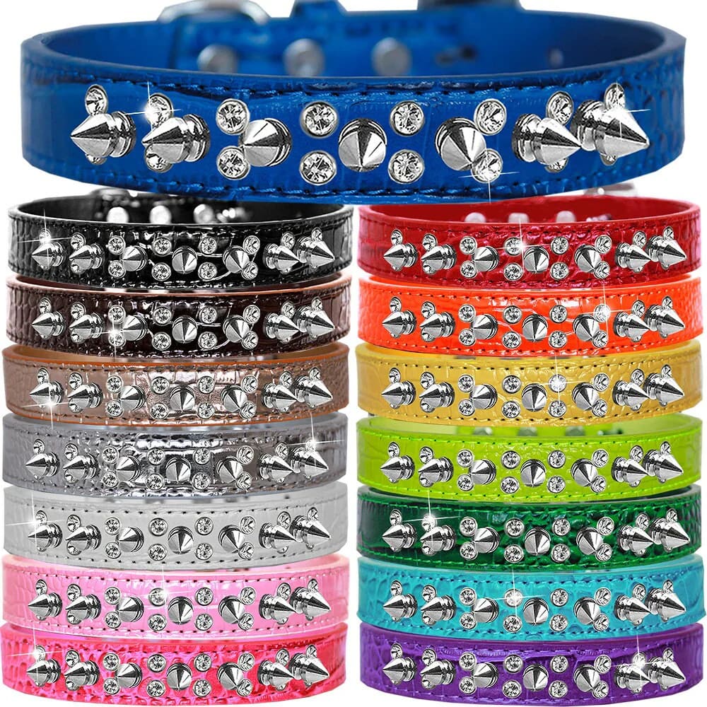 Double Crystal and Spike Croc Dog Collar - Dog Collars