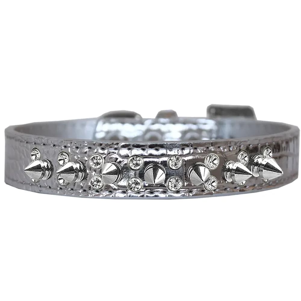 Double Crystal and Spike Croc Dog Collar - Dog Collars