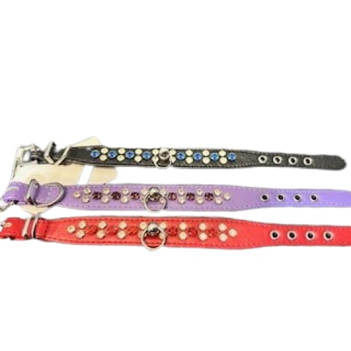 Faux Leather Alternating Crystal Dog Collar - Fits 6-8” Neck