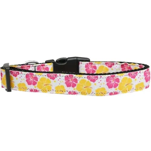 Pink And Yellow Hibiscus Flower Nylon Cat Collar - Cat