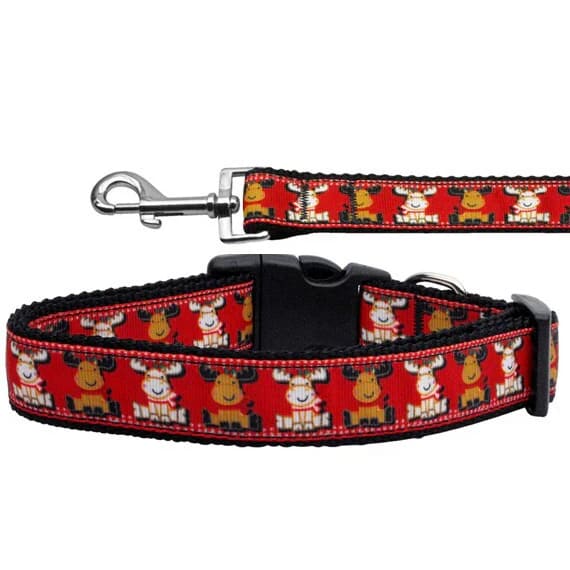 Reindeer Nylon Ribbon Dog Collars and Leashes - Christmas