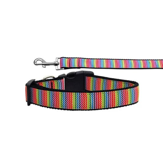 Zigzaggy Rainbow Nylon Dog Collars and Leash - Dog Collars